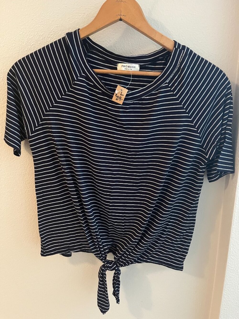 Promesa Striped Tie-Front Short Sleeve Tee in Navy Blue and White